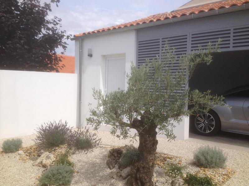 Petit jardin paysagé entre garage et extension